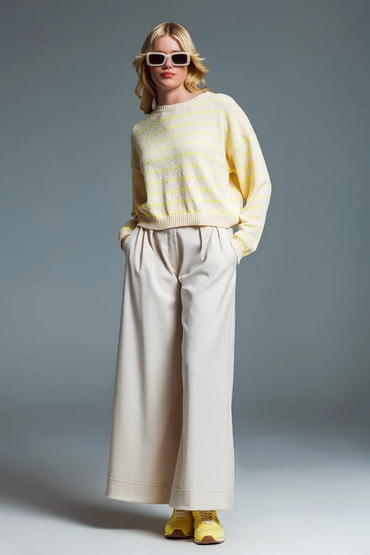 Sweater With Drop Shoulders in Beige with Yellow Stripes - Sweaters