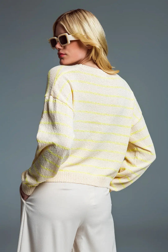 Sweater With Drop Shoulders in Beige with Yellow Stripes - Sweaters