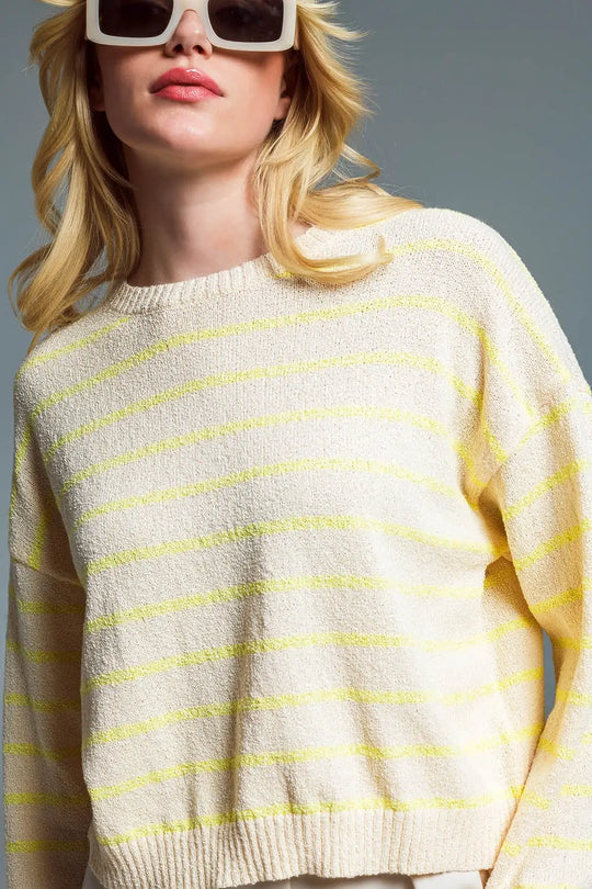 Sweater With Drop Shoulders in Beige with Yellow Stripes - Sweaters