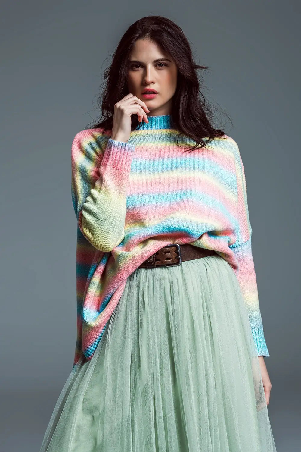 Oversized Multicolor High Necke Sweater With Side Slits - PINK / ONE - Sweaters