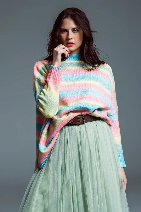 Oversized Multicolor High Necke Sweater With Side Slits - PINK / ONE - Sweaters