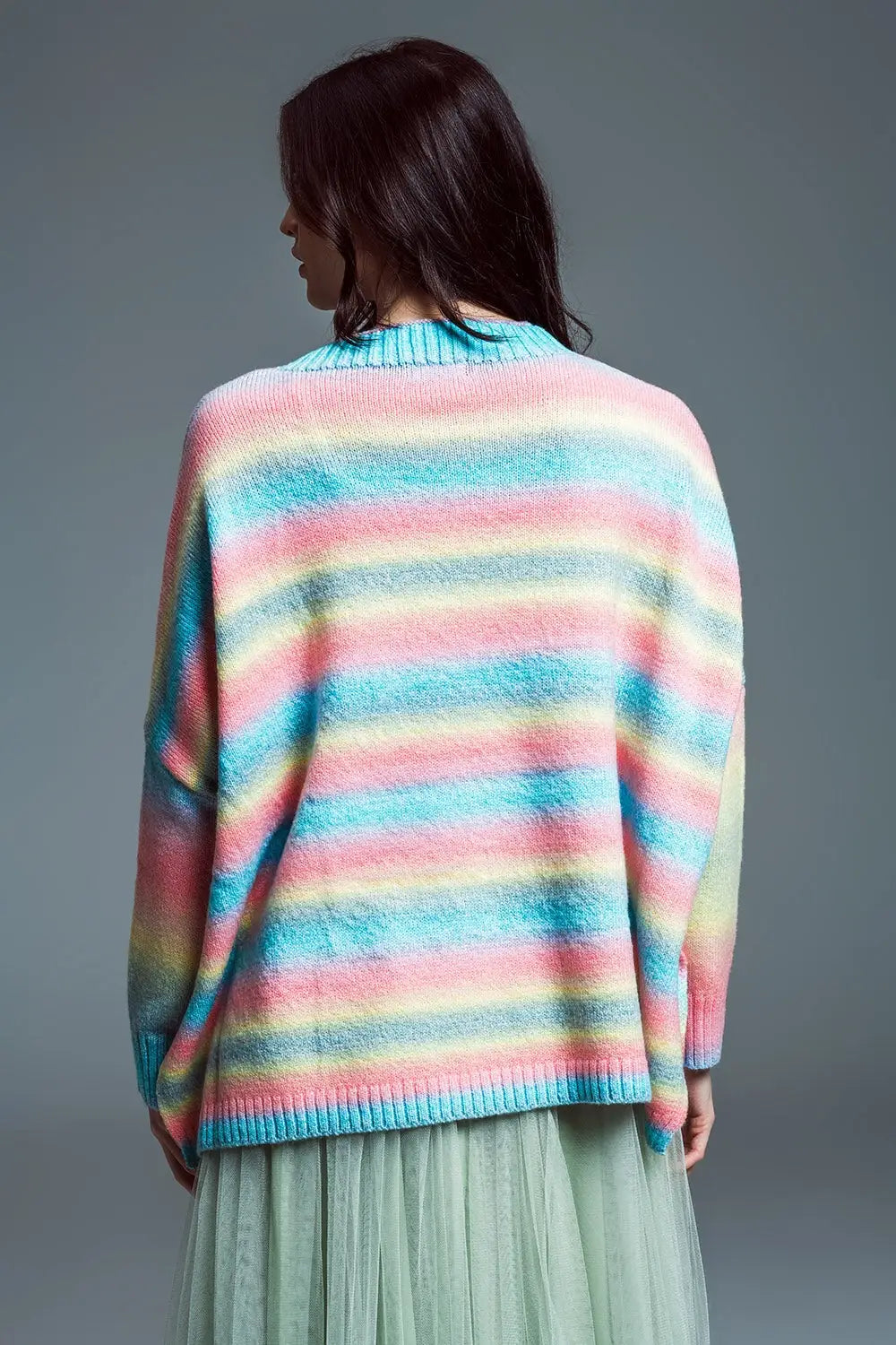 Oversized Multicolor High Necke Sweater With Side Slits - PINK / ONE - Sweaters