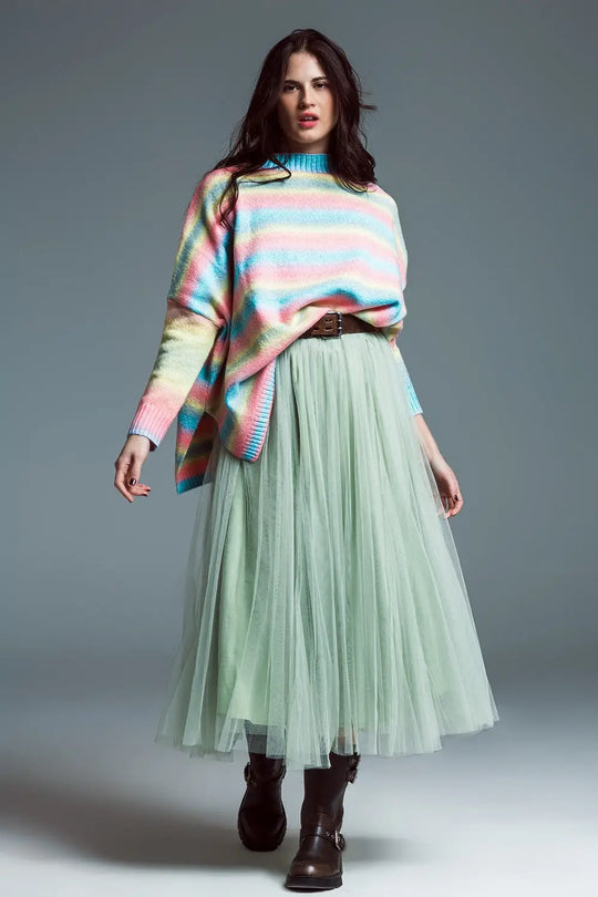 Oversized Multicolor High Necke Sweater With Side Slits - PINK / ONE - Sweaters