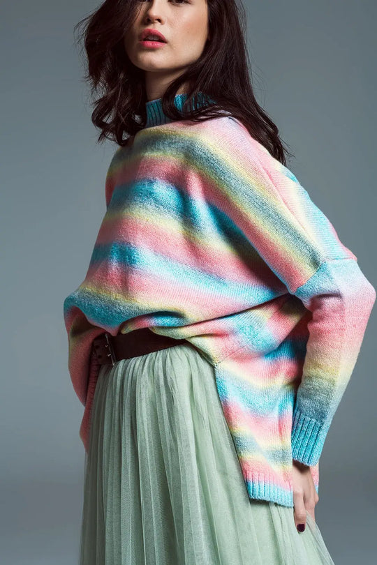 Oversized Multicolor High Necke Sweater With Side Slits - PINK / ONE - Sweaters