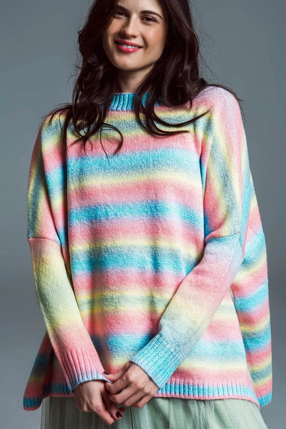 Oversized Multicolor High Necke Sweater With Side Slits - PINK / ONE - Sweaters