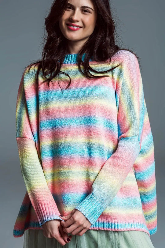 Oversized Multicolor High Necke Sweater With Side Slits - PINK / ONE - Sweaters