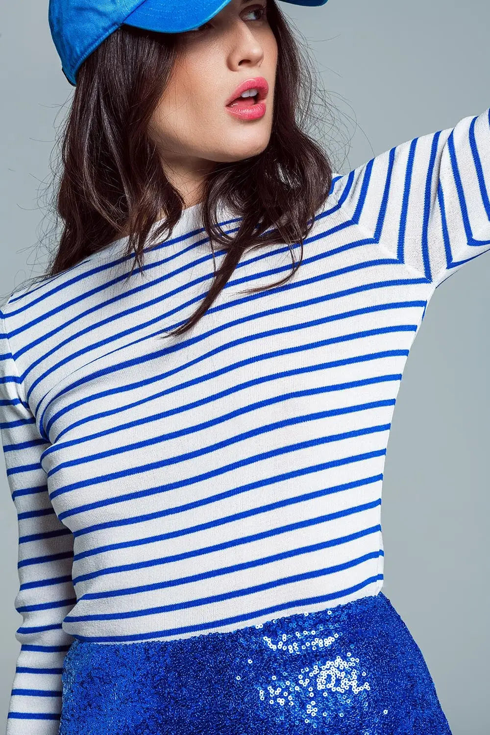 white thin sweater with blue stripes - Sweaters
