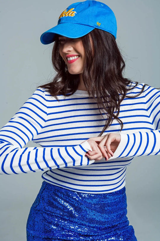 white thin sweater with blue stripes - Sweaters