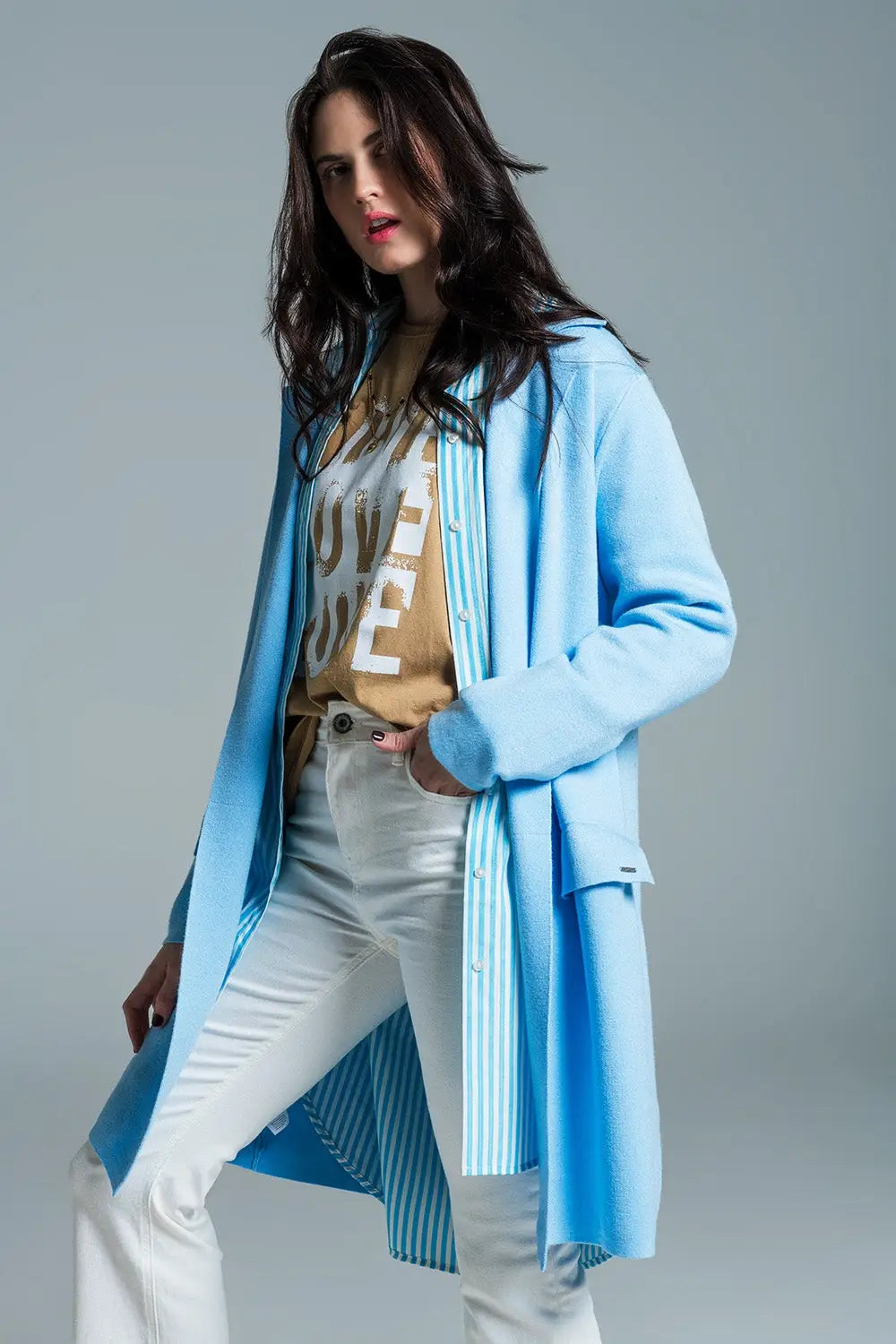 Oversized collar maxi cardigan in baby blue - BLUE / ONE - Cardigans