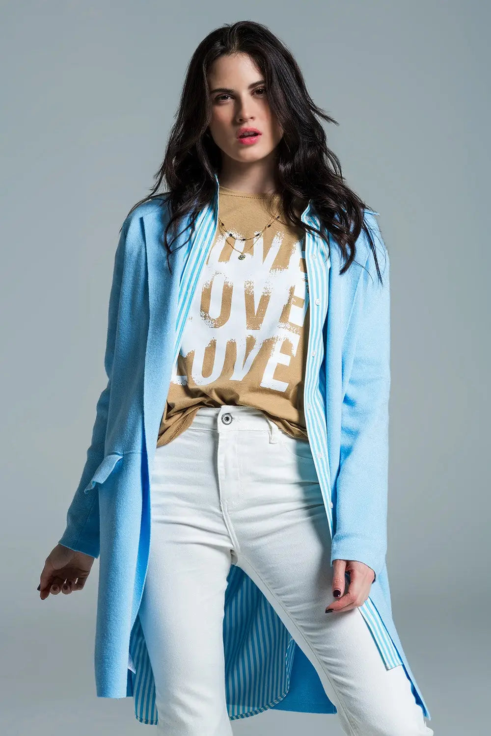 Oversized collar maxi cardigan in baby blue - BLUE / ONE - Cardigans