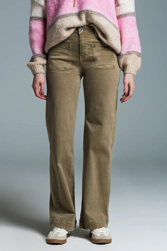 high waisted front pockets flare jeans in kakhi - Colored Jeans