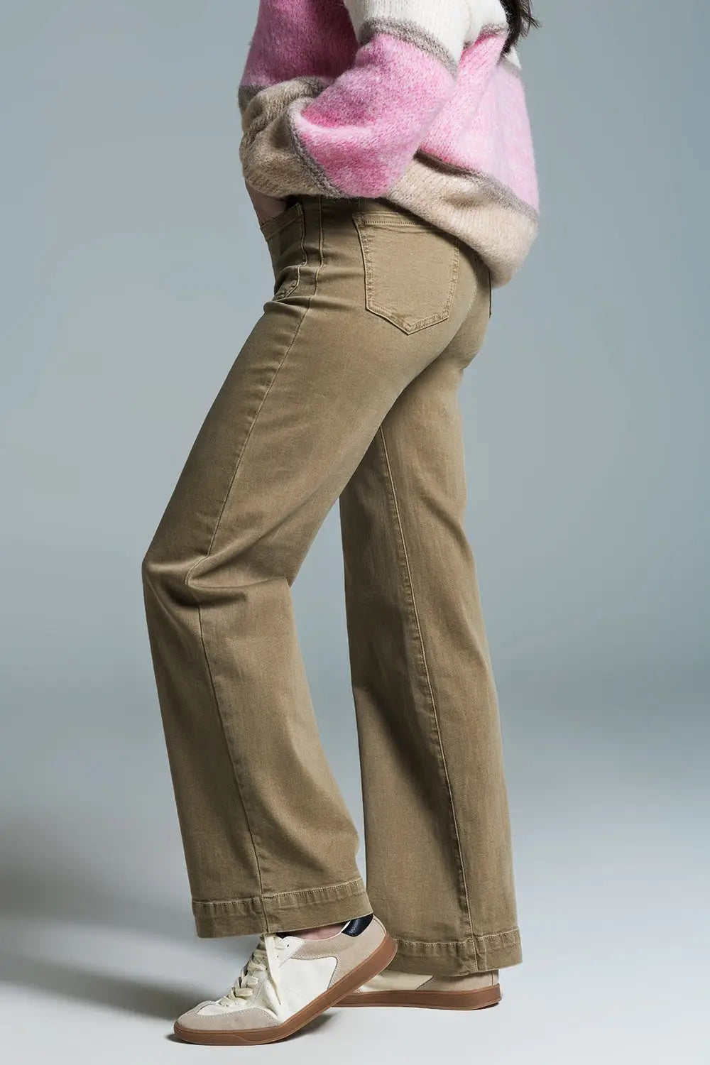 high waisted front pockets flare jeans in kakhi - Colored Jeans
