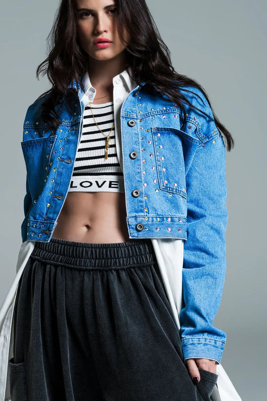 Denim cropped jacket in blue with studs and chest pockets - Jackets