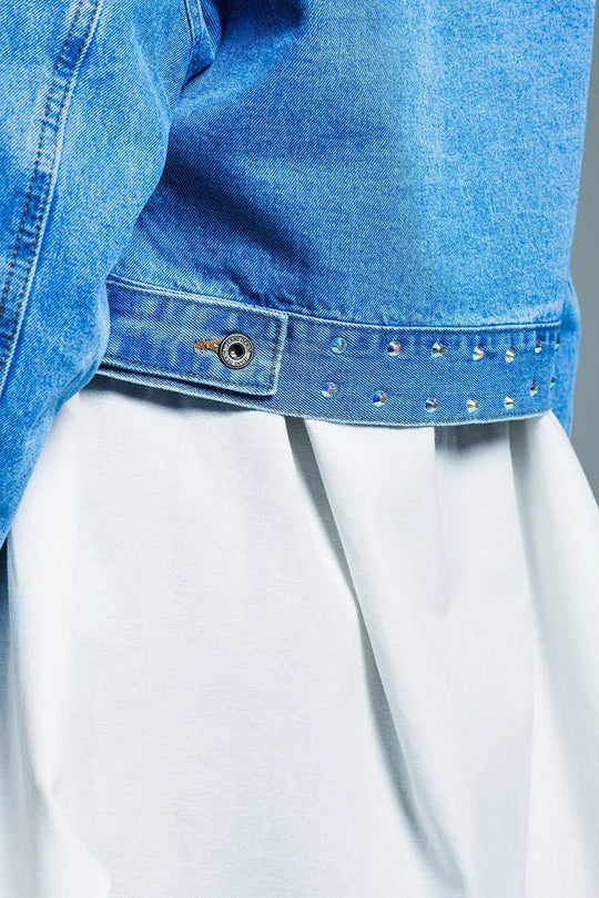 Denim cropped jacket in blue with studs and chest pockets - Jackets