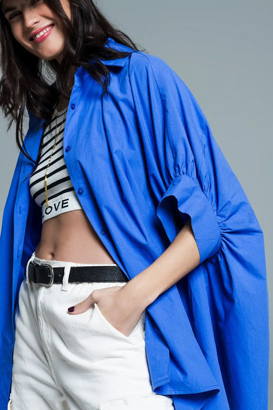 Blue oversized blouse with short sleeves - Shirts