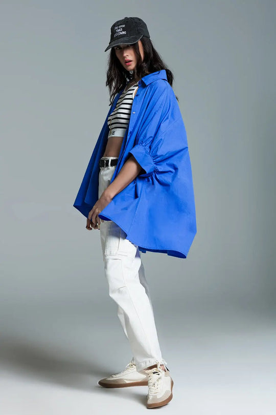 Blue oversized blouse with short sleeves - Shirts