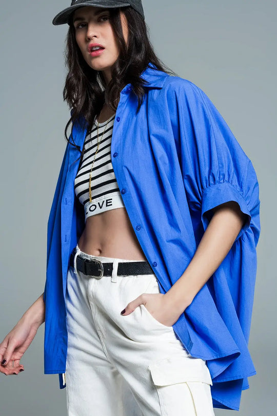 Blue oversized blouse with short sleeves - Shirts