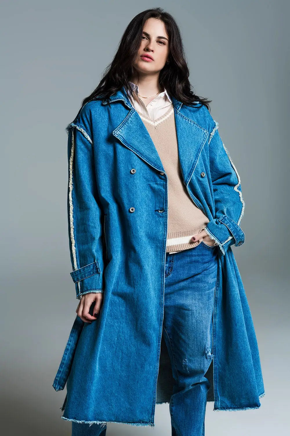 Demin trench coat with belt and raw edges in mid wash - Jackets