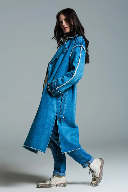 Demin trench coat with belt and raw edges in mid wash - Jackets