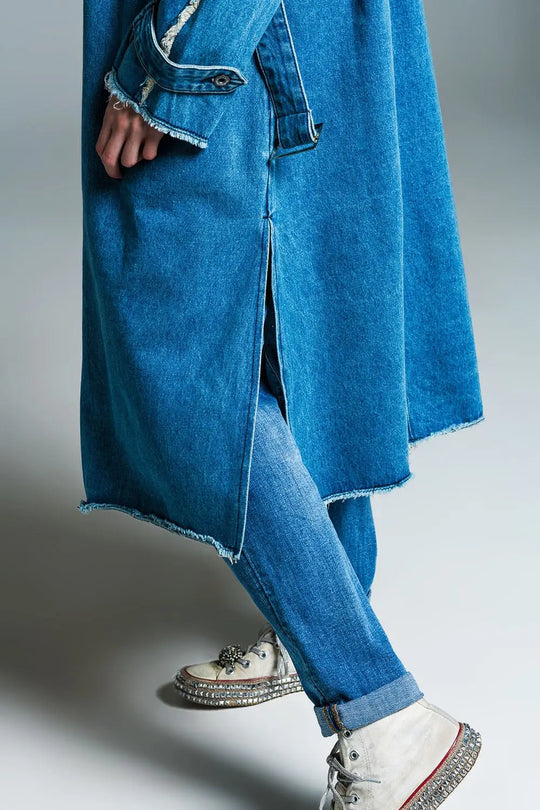 Demin trench coat with belt and raw edges in mid wash - Jackets