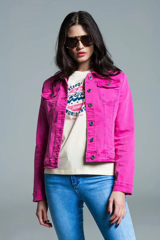 Basic Denim Jacket With Pockets in Pink - Jackets