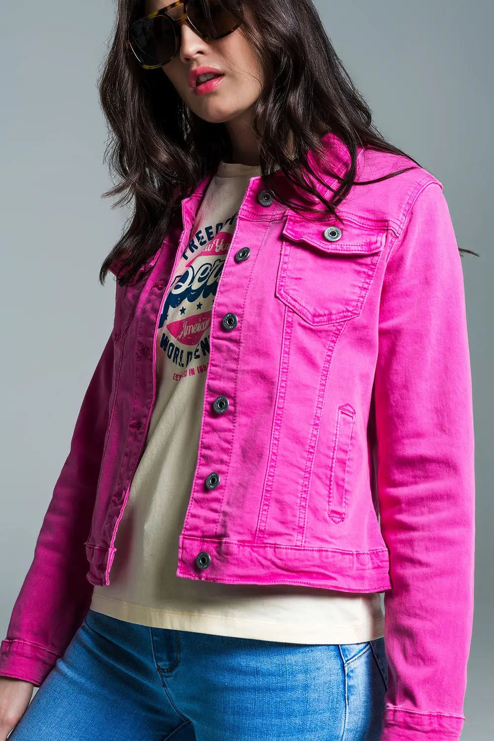 Basic Denim Jacket With Pockets in Pink - Jackets