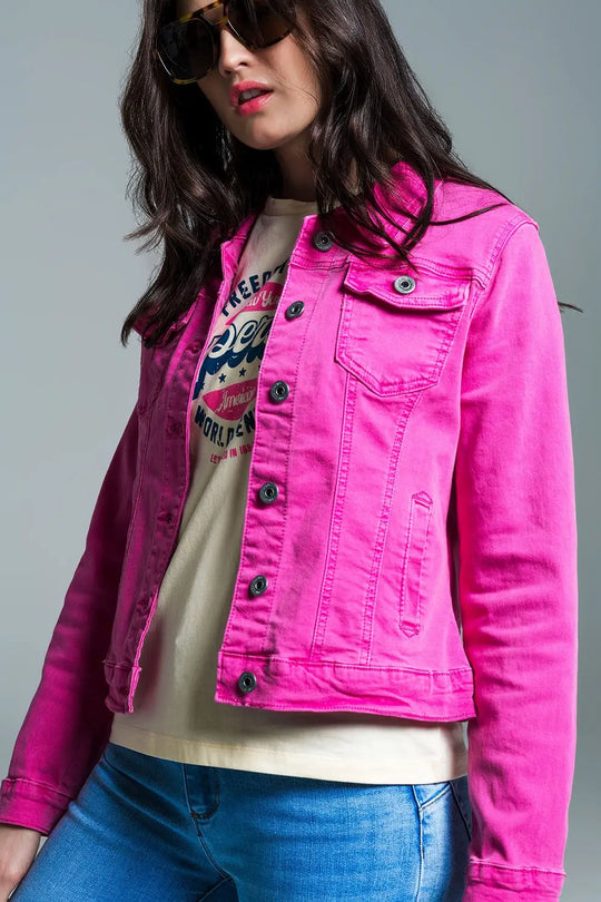 Basic Denim Jacket With Pockets in Pink - Jackets