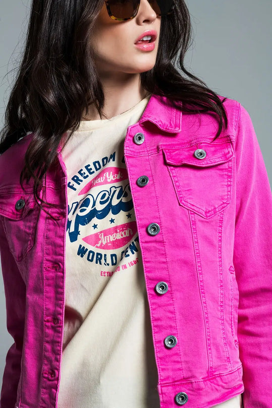Basic Denim Jacket With Pockets in Pink - Jackets