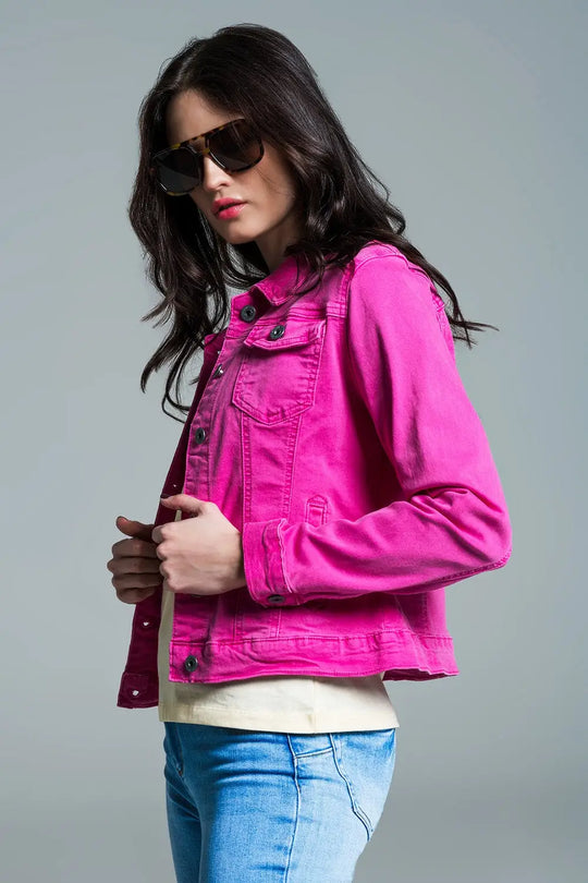 Basic Denim Jacket With Pockets in Pink - Jackets
