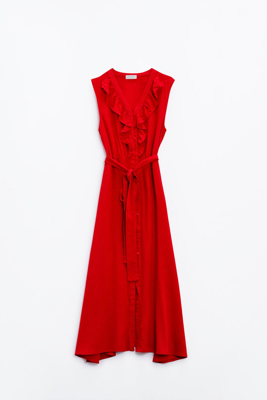 long red dress with ruffle and button detail
