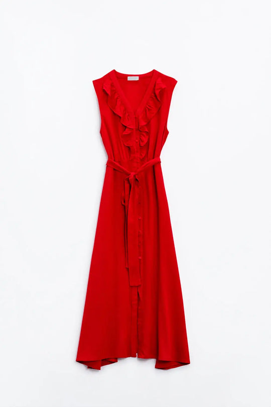 long red dress with ruffle and button detail - Dresses