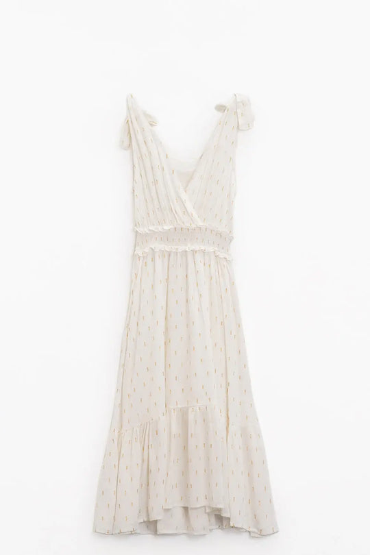 Wrapped White Midi Dress With Smock Detail At The Waist and Golden Polka Dots - Dresses