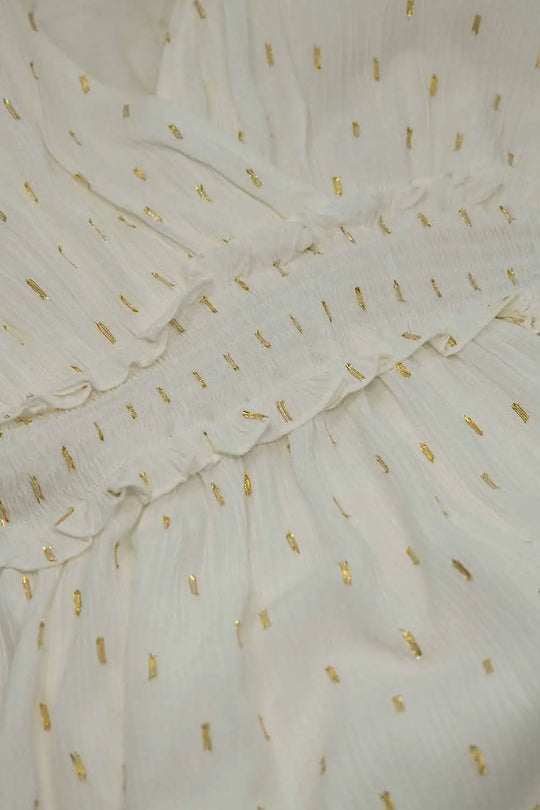 Wrapped White Midi Dress With Smock Detail At The Waist and Golden Polka Dots - Dresses