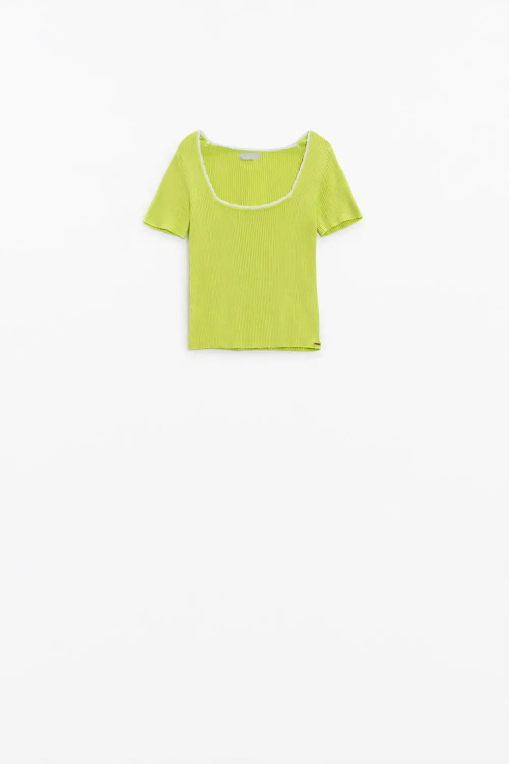 Lime Knitted Short Sleeve Sweater With Square Neck and White Trim - Sweaters