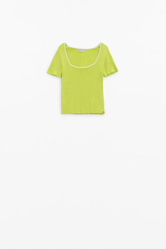 Lime Knitted Short Sleeve Sweater With Square Neck and White Trim - Sweaters