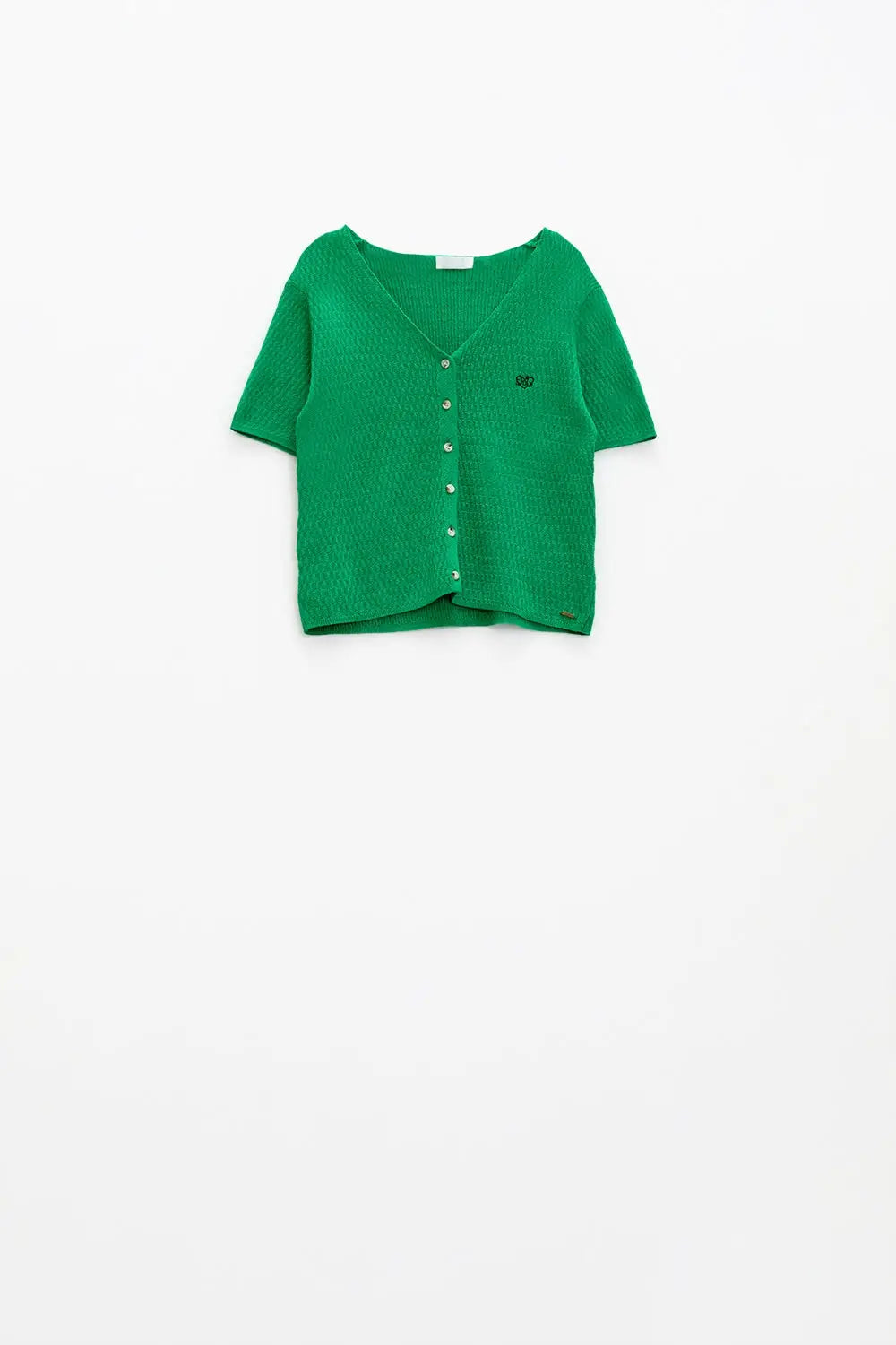 Green cardigan with short sleeves and front closure with button - Sweaters Cardigans