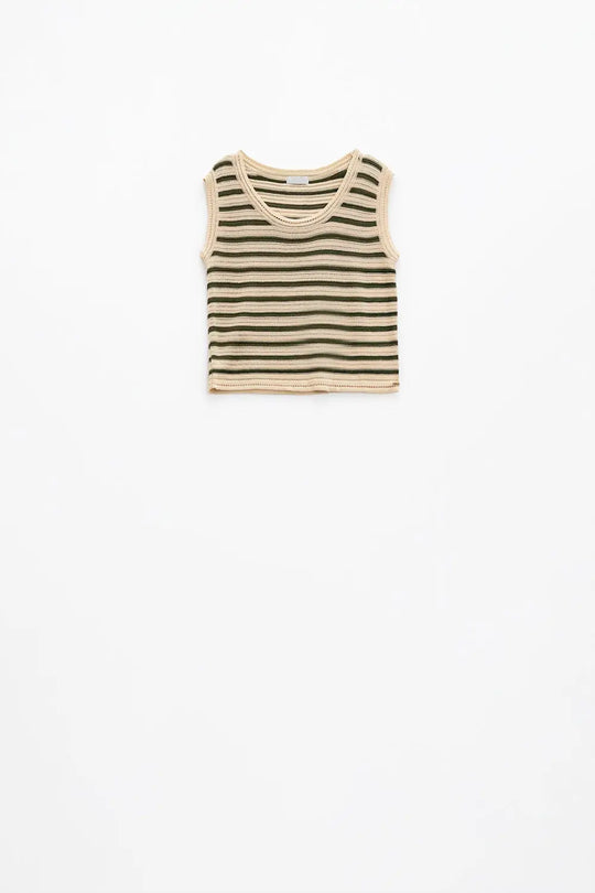 Cream sleeveless knit top with khaki stripes - Tops Sweaters