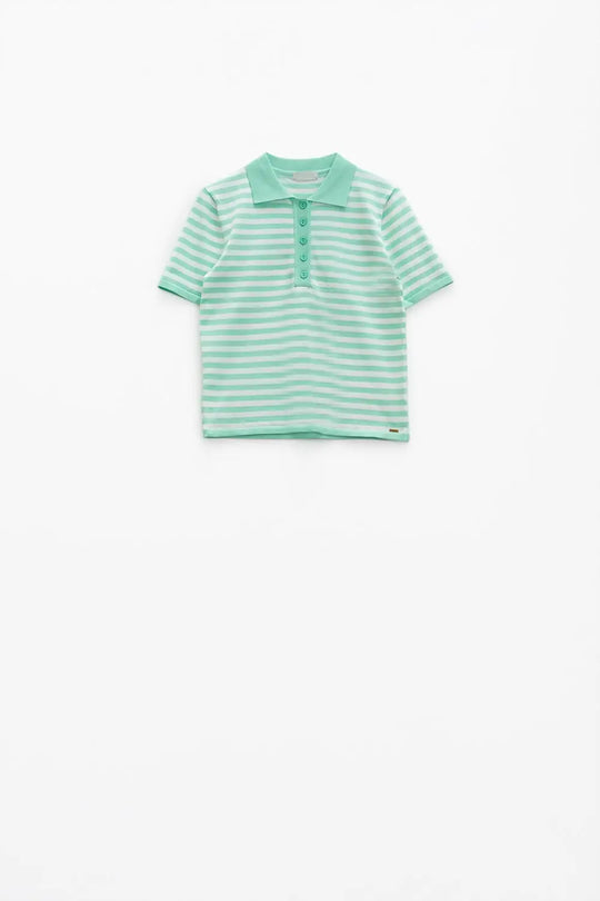 White short sleeves polo shirt with light blue stripes and frontal buttons details - Sweaters