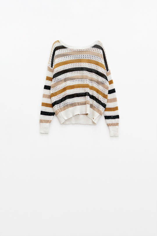 White knit sweater with multicolored stripes