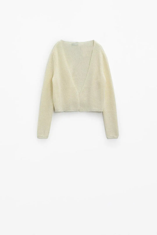 Cropped Cardigan In Lightweight Rib and V-Neckline in Cream - Sweaters