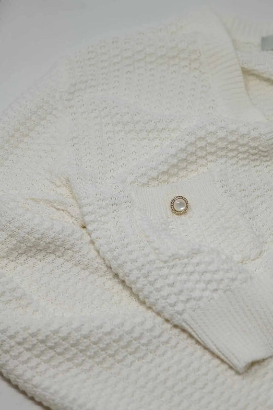 White long sleeve cardigan with button closure and front pockets - Cardigans