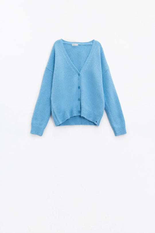 Blue knit cardigan with wide V-neck and button closure - Cardigans