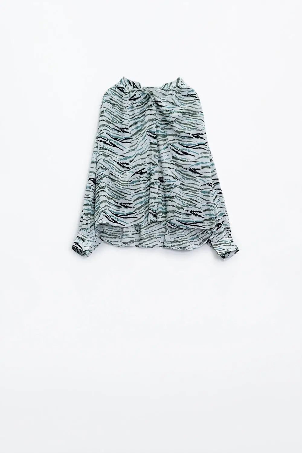 White Blouse With Green Animal Print And Long Sleeves - Shirts