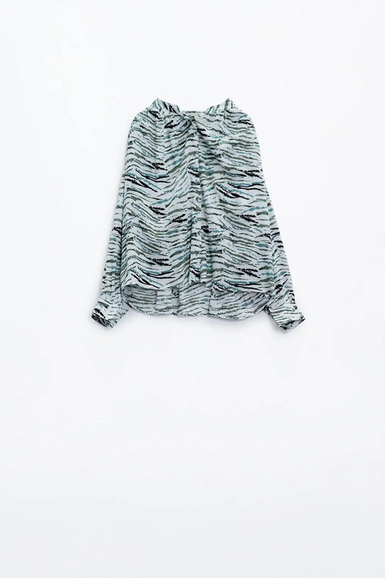 White Blouse With Green Animal Print And Long Sleeves - Shirts
