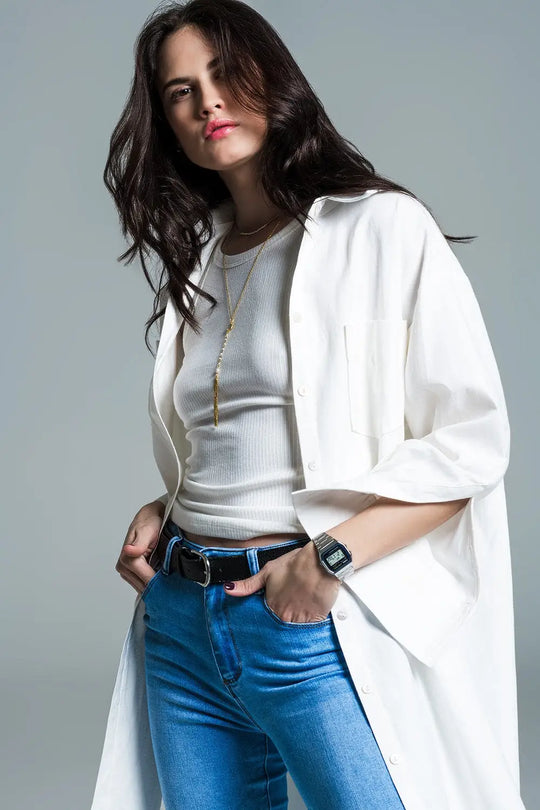 Boyfriend Cut Shirt With 3/4 Sleeve in White - Shirts