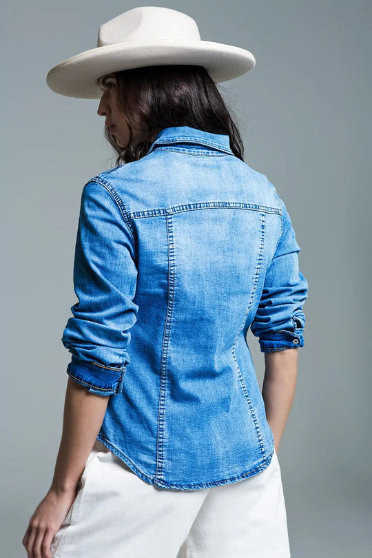 Mid Wash Denim Shirt With Chest Pockets And Press Buttons - Shirts
