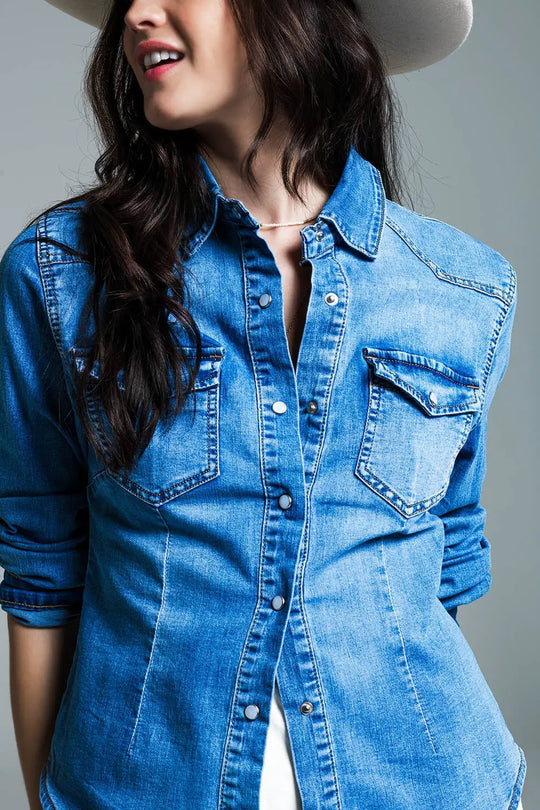 Mid Wash Denim Shirt With Chest Pockets And Press Buttons - Shirts