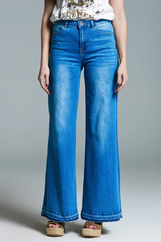 Palazzo Style Jeans in Mid Wash With Double Stitching Detail at The Hem