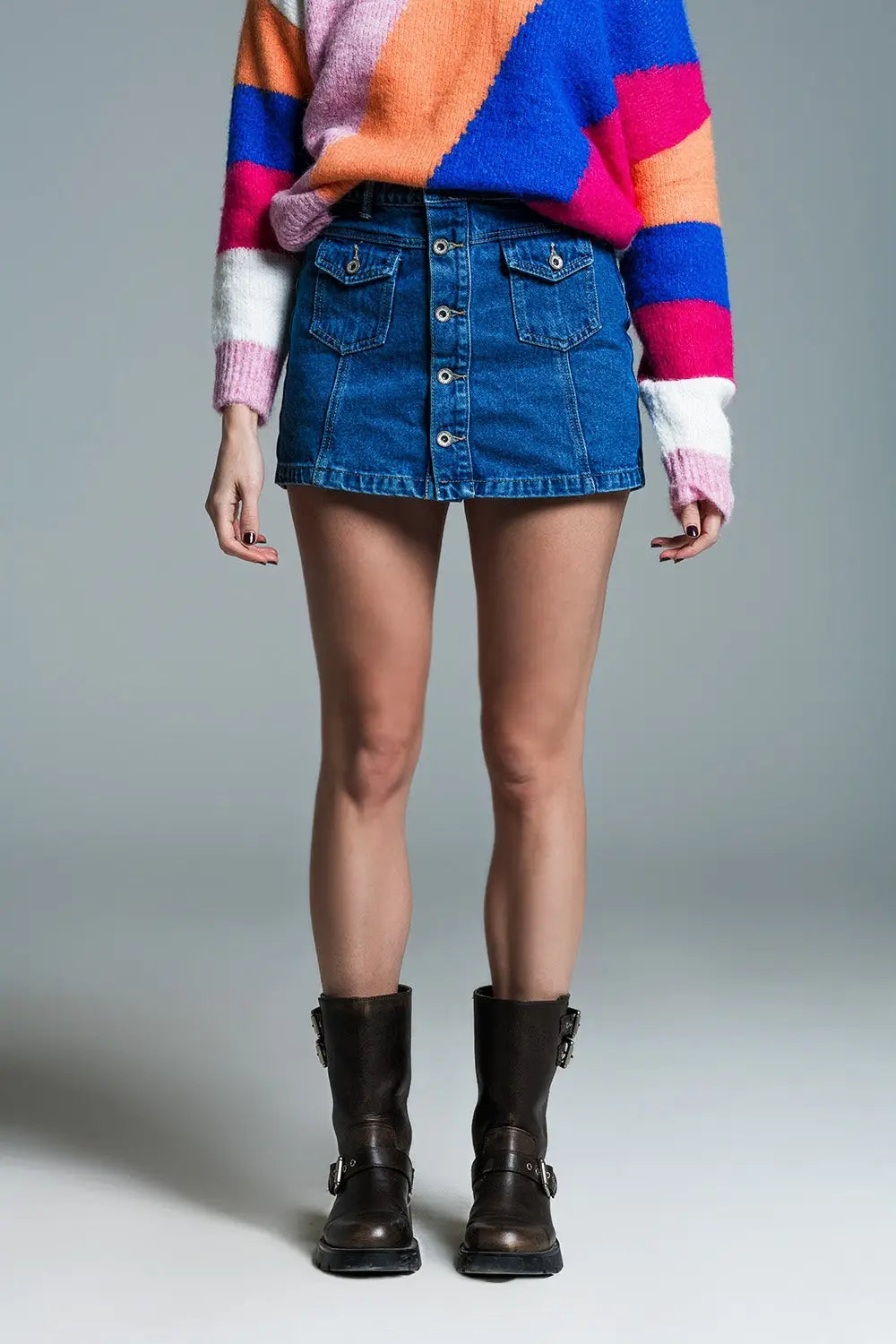 Cargo Style Skort With Front Pockets And Button Closure in Mid Wash - Skirts