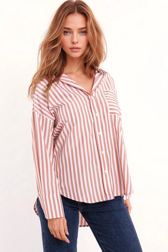 White oversized blouse with vertical stripes in pink and chest pocket - Shirts